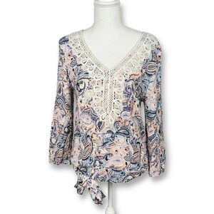 AGB Womens Paisley Print Crochet Lace V-Neck Side‎ Tie Blouse Blue Pink Large